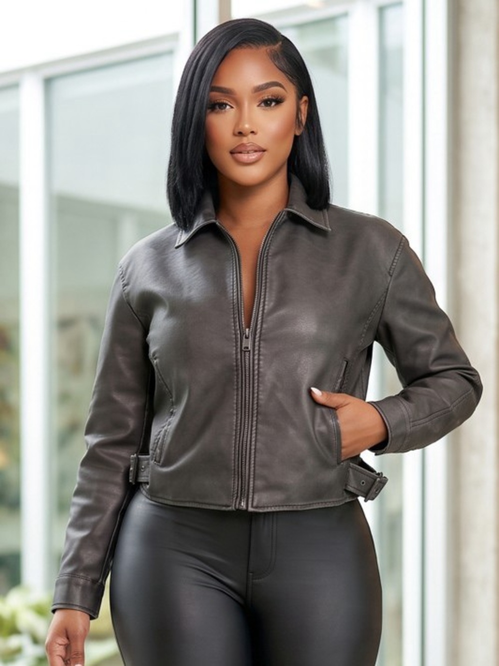 Classic Women's Dark Gray Leather Zip Jacket J-67481